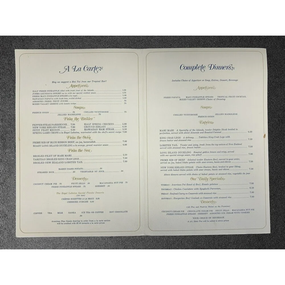 Vintage Royal Lahaina Hotel Menu Alii Dining Room Kaanapali Beach Maui Hawaii